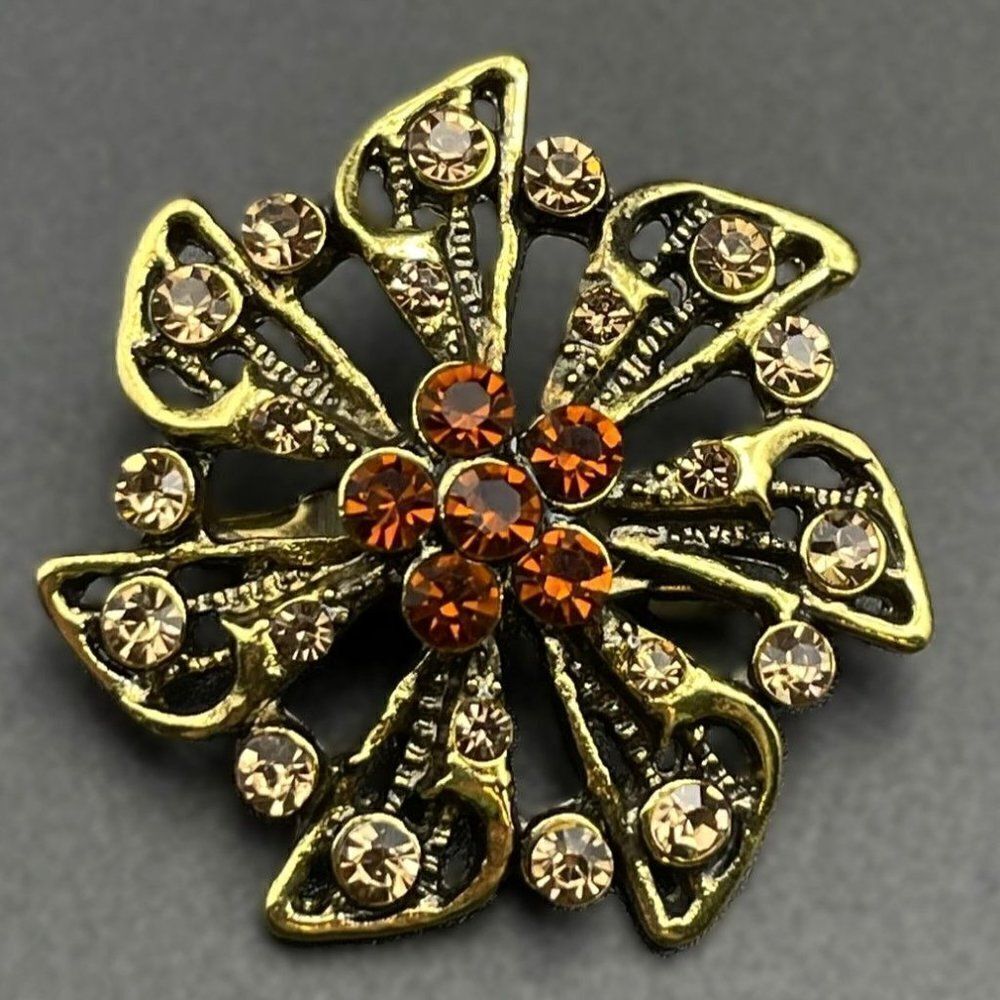 Yellow Gold with Champagne and Brown Topaz Crystal Ornate Flower Pin Back Brooch